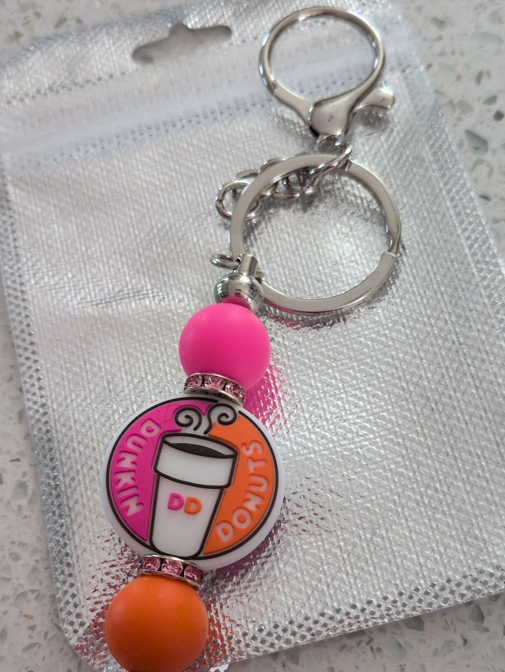 Dunkin Donuts Pink & Orange Logo Keychain - Key Chain Or Bag Charm